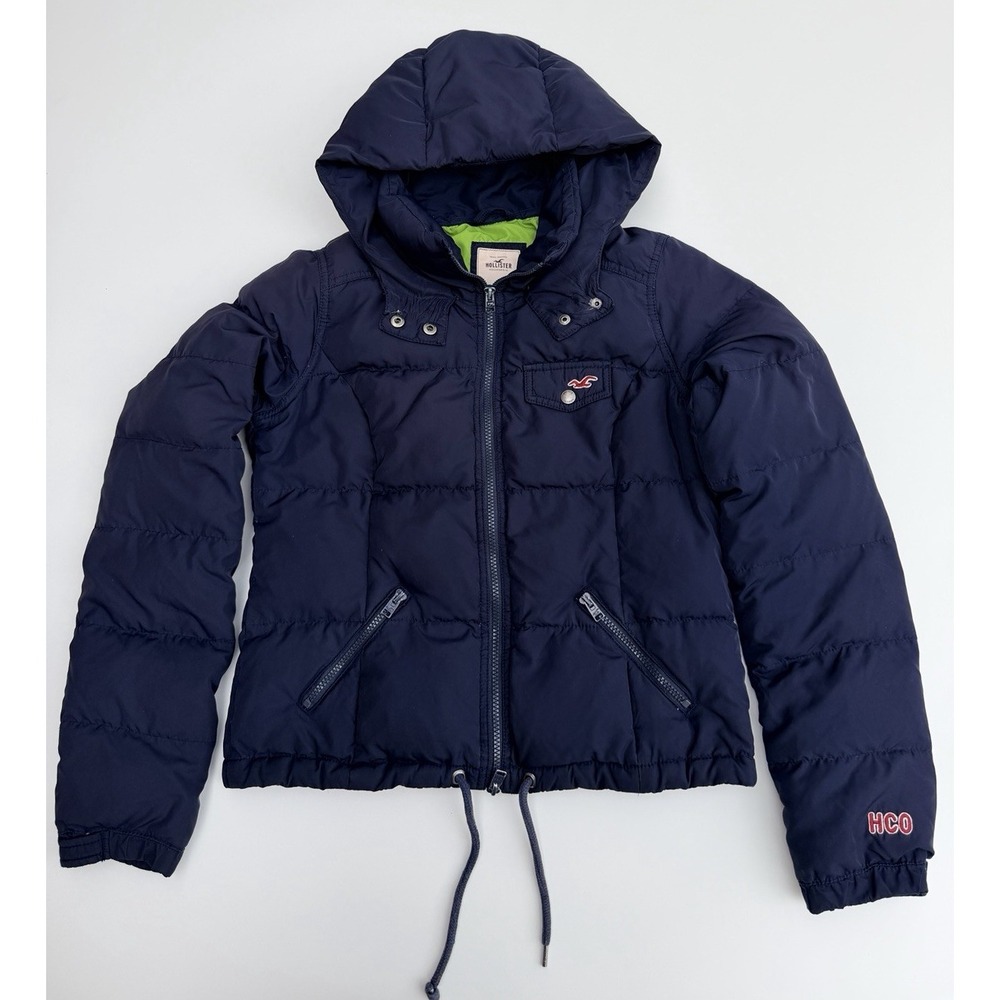 Hollister Down Puffy Coat Women’s Sz Medium Navy Blue Winter Cozy Feather Jacket